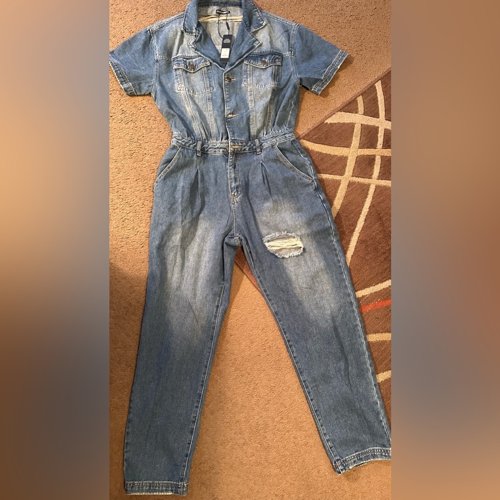 Fashion Nova Light Blue Denim Short-Sleeve Jumpsuit
